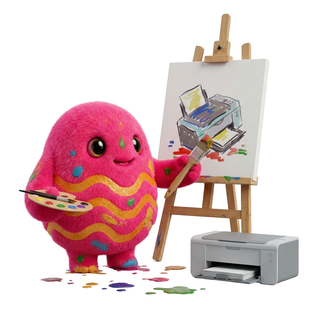 Aldo painting a printer on a canvas, palette in hand