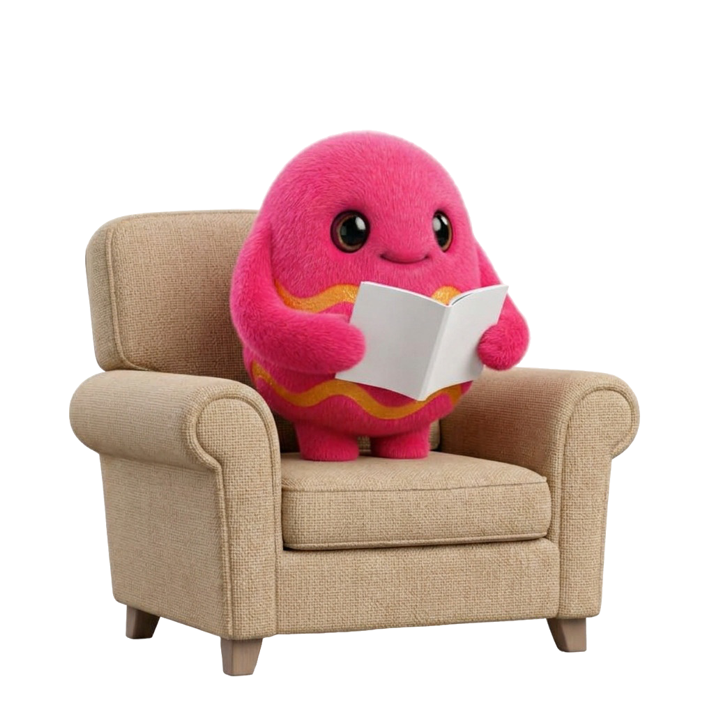 Aldo curled up in an armchair, reading a finished little book
