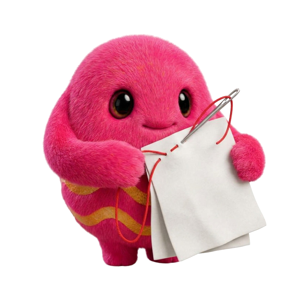 Aldo sewing pages together with a needle and red thread