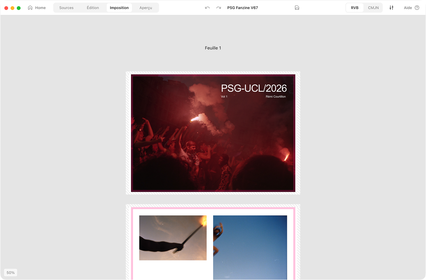 The Aldo Reborn imposition view on macOS — pages laid onto a printer sheet with bleed and crop marks