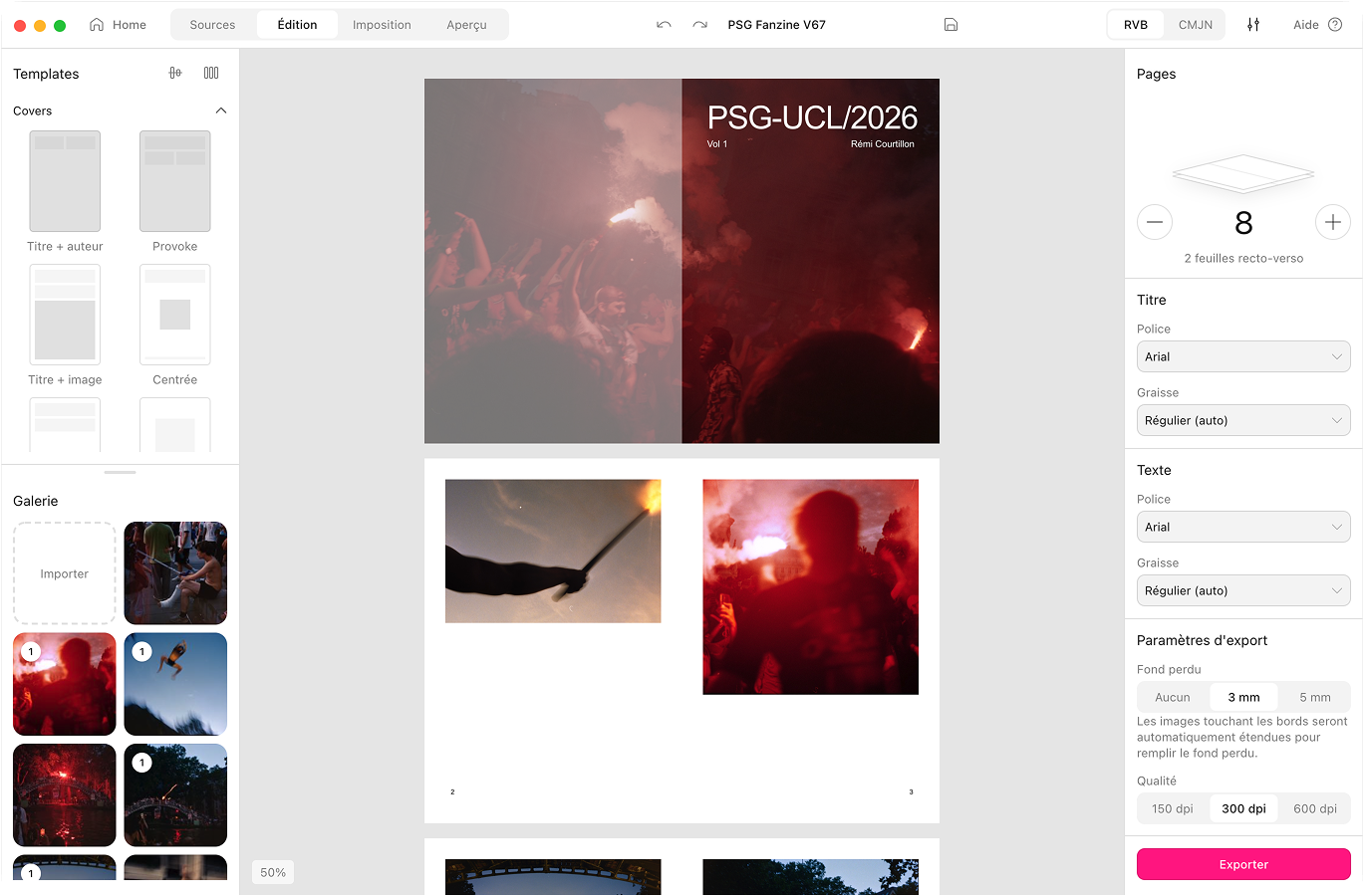 The Aldo Reborn app on macOS, laying out a photo fanzine — page imposition, RGB/CMYK and export to a print-ready PDF
